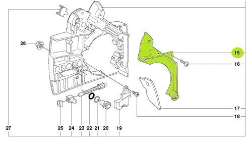 Zielona pokrywa piasty pilarki Husqvarna  338XPT, 335XPT, 334T, z widocznymi wypustkami mocującymi. Zmontowana na korpusie, chroni piastę, prezentowana na neutralnym tle z boku.