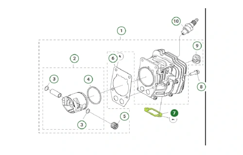Uszczelka tłumika pilarki T540 XP, T540 XP II Husqvarna, na zdjęciu schematowym wraz z innymi częściami. Ukazane umiejscowienia uszczelki, która została oznaczona kolorem zielonym, numerem 7.