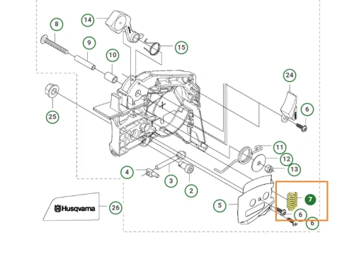 Sprężyna hamulca do pilarki Husqvarna T435 na tle schematu części, metalowy elastyczny element z co najmniej dwoma zaczepami, na prostym tle ułatwiającym identyfikację.