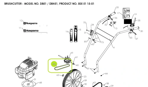Czarny pasek kosiarki Husqvarna DB51/DBH51 z metalowymi elementami, prostokątny, z otworami montażowymi, ułożony poziomo, z widocznymi detalami i oznaczeniami na obudowie.
