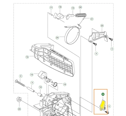 Prowadnik łańcucha pilarki T435 Husqvarna, oznaczony kolorem żółtym i numerem 24, zdjęcie schematu, widoczne również inne części pilarki.