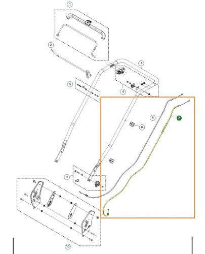 Linka kosiarki LC 151S Husqvarna, w kolorze czarnym. Element mocowania, przedstawiony w zbliżeniu, z wyraźnym detalem montażowym. Widok z góry na schemat konstrukcji kosiarki, na białym tle.