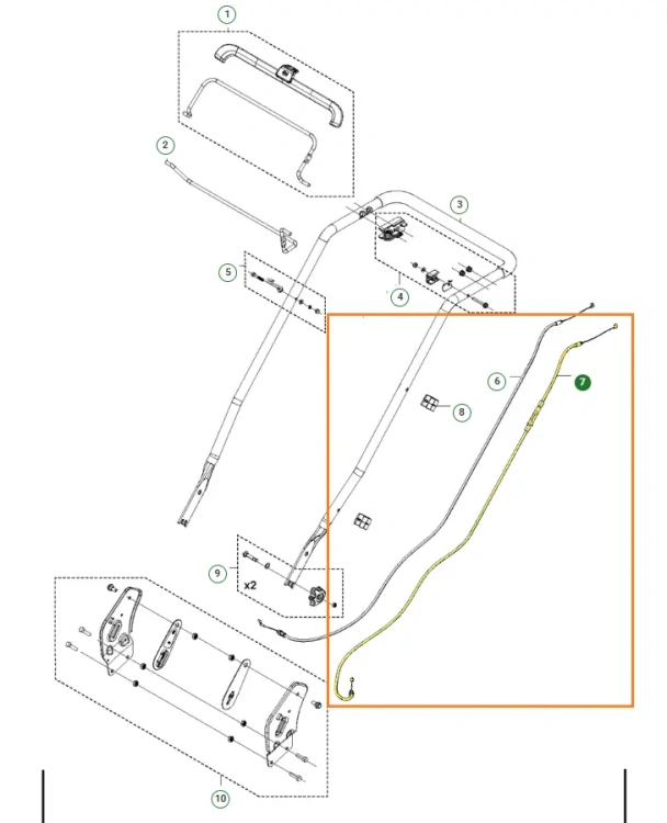 Linka kosiarki LC 151S Husqvarna, w kolorze czarnym. Element mocowania, przedstawiony w zbliżeniu, z wyraźnym detalem montażowym. Widok z góry na schemat konstrukcji kosiarki, na białym tle.