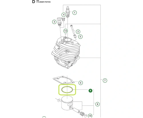 Pierścień tłoka pilarki Husqvarna 555, 560XP/G, 562XP/G, zielony element, okrągły kształt, umieszczony wokół tłoka. Widok z boku, w pozycji leżącej, obok innych części silnika. Widoczne detale, takie jak gładka faktura. Tło jasne, proste.