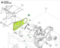 Płytka prowadząca pilarki Husqvarna T540XP, T540XP II w kolorze zielonym z wyraźnymi detalami konstrukcyjnymi. Ujęcie przedstawia produkt z boku, w stanie zamontowanym. Widoczne mocowania i przeznaczenie, w tle schemat z innymi elementami pilarki.