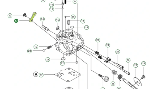 Dźwignia pilarki Husqvarna 395 XP w pozycji rozłożonej, w kolorze zielonym, widoczny mechanizm ze sprężyną i otworami na śruby, detale uszczelek, białe tło.
