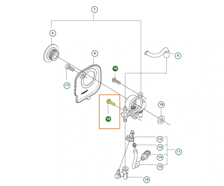Śruba pompy oleju pilarki T435 Husqvarna, metalowa, srebrna, w kształcie cylindrycznym, widoczna na schemacie w dolnej części obrazu. Ujęcie z przodu, prezentujące detale w kontekście wewnętrznych komponentów pilarki. Wskazuje na miejsce mocowania.