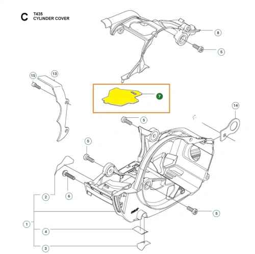 Uszczelka cylindra pilarki T435 Husqvarna, w żółtym kolorze, o prostokątnym kształcie, wykonana z elastycznego materiału. Widoczna w dolnej części schematu, obok innych części, przedstawiona w pozycji poziomej, z dobrze widocznymi krawędziami.