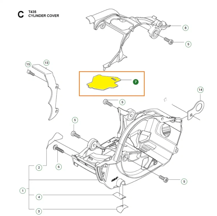 Uszczelka cylindra pilarki T435 Husqvarna, w żółtym kolorze, o prostokątnym kształcie, wykonana z elastycznego materiału. Widoczna w dolnej części schematu, obok innych części, przedstawiona w pozycji poziomej, z dobrze widocznymi krawędziami.