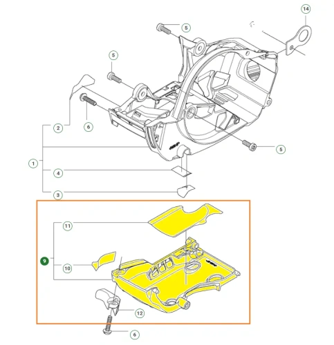 Obudowa dolna pilarki T435 Husqvarna, oznaczona kolorem żółtym i numerem 9. Na zdjęciu widoczne też inne części montażowe jak śruby czy podkładki. Tło białe.