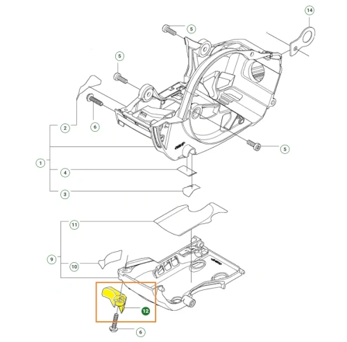 Wychwytnik pilarki T435 Husqvarna, w kolorze żółtym oznaczony numerem 12, w tle widoczne inne części pilarki na schemacie urządzenia. Tło jasne, białe.