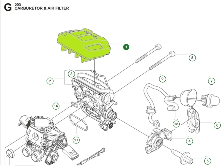 Filtr powietrza Husqvarna 555, 560XP/G prostokątny, z profilowanymi brzegami. Widoczne detale wlotu powietrza i otworów wentylacyjnych. Leży na płaskiej powierzchni, w otoczeniu części silnika, na neutralnym tle.