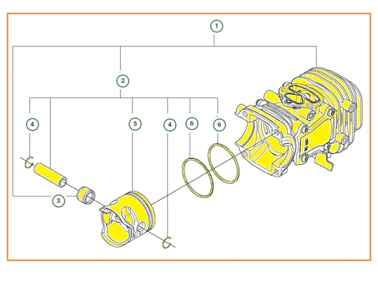Cylinder pilarki T435 Husqvarna, zdjęcie schematu. W komplecie tłok, pierścienie oraz niewielki element mocujący. Produkt leży płasko na białym tle, ukazując detale konstrukcji.