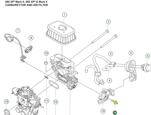 Śruba montażowa pilarek Husqvarna, metalowa, zaznaczona kolorem zielonym, z gwintem. Ujęcie pokazuje śrubę z boku, leżącą na gładkiej, białej powierzchni. Widoczne detale to gwint oraz główka śruby. Brak oznaczeń lub logo.