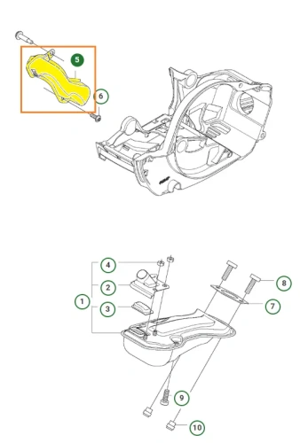Osłona tłumika pilarki T435 Husqvarna, oznaczona kolorem żółtymy i numerem 5, w tle widoczne inne części pilarki na schemacie. Tło białe.