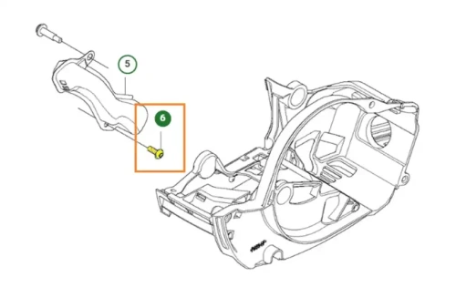 Śruba przy tłumiku pilarki T435 Husqvarna, oznaczona numerem 6 i kolorem żółtym, zdjęcie schematu, widoczne inne współpracujące części, tło białe, jasne.