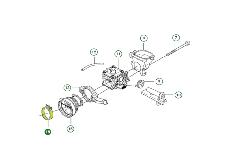 Zestaw elementów mechanizmu pilarki Husqvarna 365 X-Torq, 372 XP® X-TORQ/ XP® G X-TORQ z innymi elementami montażowymi. Widoczne numery katalogowe części, układ na białym tle, dla lepszego odczytu.