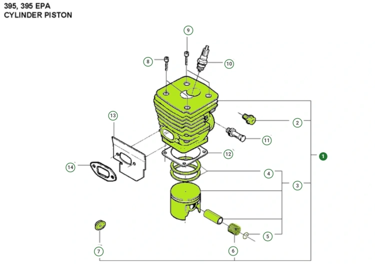 Zdjęcie schematu kompletnego cylindra pilarki 395XP Husqvarna. Widoczne części współpracujące z cylindrem, ukazane na białym, jednolitym tle, dla lepszego odczytu.