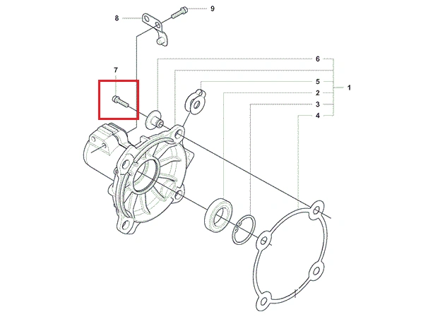 Śruba wspornika kierownicy do kosy Husqvarna 135R, srebrna, o kształcie cylindrycznym, z widocznym gwintem. Ujęcie z boku, pokazujące szczegóły mocowania. Element w izolacji, bez otoczenia. W opisie numer 7 z diagramu z częściami.