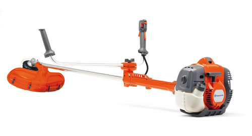 Pomarańczowa wykaszarka Husqvarna 336FR z białymi elementami, 2,5-metrowym wałem, ergonomicznymi uchwytami, napędem i głowicą tnącą, na białym tle. Widoczna tekstura i kształt głowicy.