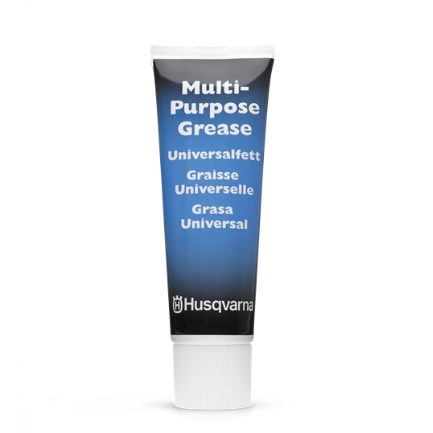 Smar uniwersalny Husqvarna w tubie 225 g. Tuba o pojemności widoczna z przodu, kolor gradientowy od ciemnego niebieskiego do jasnego, z czytelnym napisem Multi-Purpose Grease oraz logo Husqvarna. Tuba stoi na białym tle.