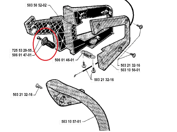 Amortyzator pilarki Husqvarna 40, widoczny z boku, wykonany z metalu, z wyraźnymi gwintami. Element ma spiralny kształt, umiejscowiony w konstrukcji urządzenia. Tło graficzne w kolorze białym, z naniesionymi numerami katalogowymi części.
