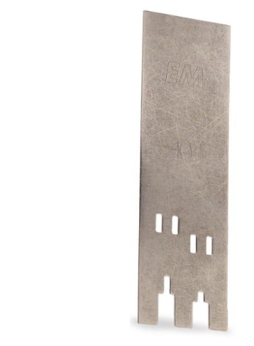 Szablon do ograniczników .325 HUSQVARNA, metalowy, prostokątny kształt, widoczny napis EM na powierzchni. Produkt uchwycony z boku, stojący na jednolitym tle. Wykazuje subtelne oznaczenia, w tym otwory na mocowania.