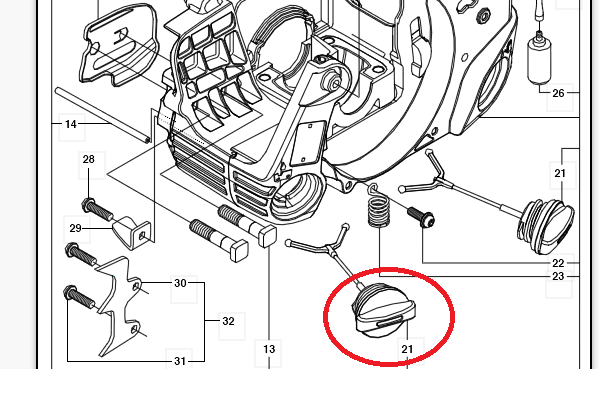 Korek paliwa do pilarki Husqvarna 340/345/350 w formie detalu technicznego, zamontowany na schemacie. Okrągły kształt, wykonany z tworzywa sztucznego, z widocznymi liniami i detalami mocowania. Jasnoszare tło schematu z wyraźnymi oznaczeniami.