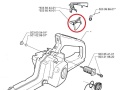 Dźwignia gazu do pilarki Husqvarna 346XP, plastikowa, ergonomiczna, z czytelnymi oznaczeniami, zamontowana na białym tle, z detalami mocowań, zapewniająca precyzyjną obsługę.