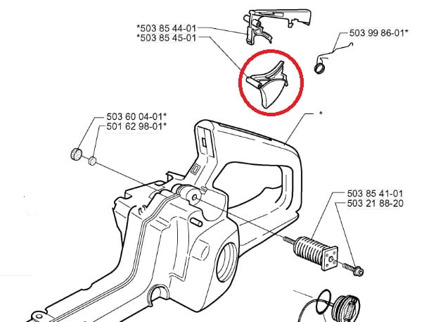 Dźwignia gazu do pilarki Husqvarna 346XP, plastikowa, ergonomiczna, z czytelnymi oznaczeniami, zamontowana na białym tle, z detalami mocowań, zapewniająca precyzyjną obsługę.