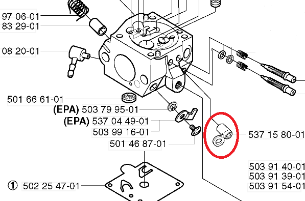 Dźwignia ssania gaźnika do pilarki Husqvarna 340/345/350 w kolorze czarnym, wykonana z materiału syntetycznego. Przedstawiona w widoku frontalnym, jako część schematu gaźnika, z widocznymi detalami montażowymi i połączeniami.
