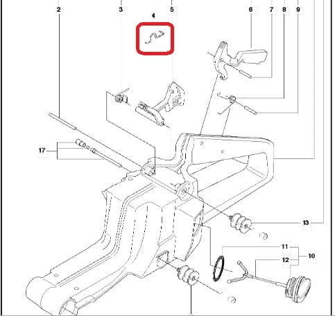 Metalowe cięgno dźwigni gazu do pilarki Husqvarna 61, lekko zagięte, pokazane na schemacie z numerami części na białym tle dla czytelności.