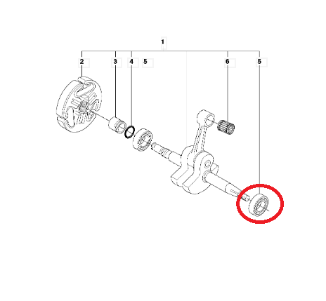 Łożysko kulkowe pilarki Husqvarna 365/372, metalowe, okrągłe, o gładkiej fakturze. Widoczne w zbliżeniu w schemacie montażowym, na końcu wału. Element istotny dla mechanizmu, zaznaczony na czerwono.