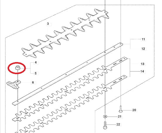 Nakrętka urządzenia koszącego 325HD, widoczna z góry w zaznaczeniu. Okrągła, metalowa, z gładką powierzchnią. Element montażowy, umieszczony na tle osi zębatej i innych komponentów. Wymiary oraz szczegóły montażowe nieokreślone.