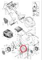 Pasek napędowy kosiarki Husqvarna R147 S/LC146 S, widoczny w kolorze czarnym, ma prostokątny kształt i drobnoziarnistą teksturę. Umożliwia napędzenie urządzenia, umieszczony przejrzyście w centralnej części schematu.