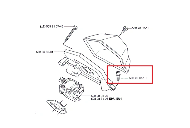 Śruba koła linowego do wykaszarki Husqvarna 250R, metalowa, srebrna, oznaczona 503 20 07-10, z gwintem i okrągłą główką, widoczna na tle części wykaszarki i na schemacie.
