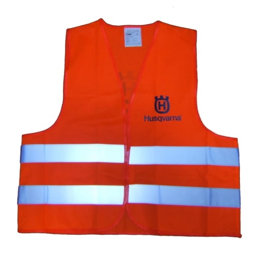 Kamizelka ostrzegawcza HUSQVARNA w jaskrawym pomarańczowym kolorze z białymi odblaskowymi paskami, logo na lewej stronie, bez zapięcia, wykonana z materiału syntetycznego.