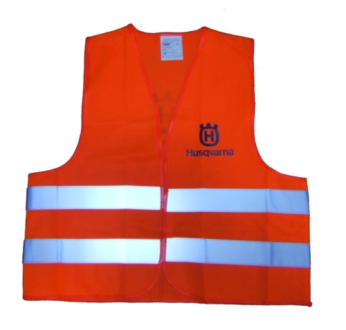Kamizelka ostrzegawcza HUSQVARNA w jaskrawym pomarańczowym kolorze z białymi odblaskowymi paskami, logo na lewej stronie, bez zapięcia, wykonana z materiału syntetycznego.
