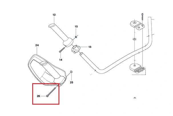 Śruba tłumika do kosy Husqvarna 343R, metalowa, w kolorze srebrnym, o prostokątnym kształcie. Ujęcie z boku, w widoku zbliżonym, ukazuje gwint oraz łeb śruby. Produkt odpowiada za mocowanie elementów tłumika w narzędziu.