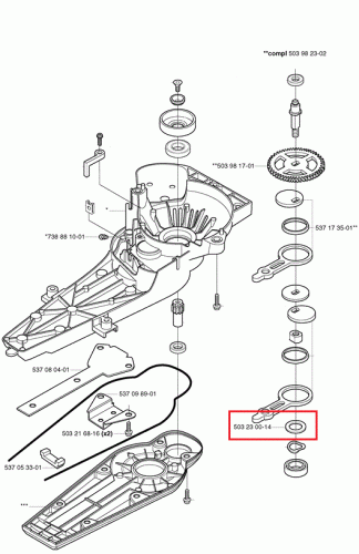 Podkładka przekładni kątowej do nożyc spalinowych Husqvarna, okrągła, szara, trwała, z numerem 503 23 00-14, część montażowa w złożonej konstrukcji.