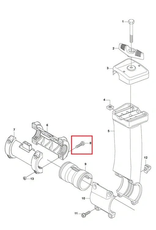 Śruba wspornika kierownicy do kosy Husqvarna 135R, srebrny metal, cylindryczny kształt z gwintem. Widoczna z boku, w otoczeniu innych elementów zestawu. Nie ma widocznych napisów ani logo. Produkt w nowym stanie.