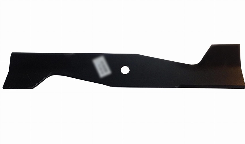 Czarny nóż uniwersalny do kosiarki Husqvarna, o długości 42 cm, widoczny z boku. Metalowa powierzchnia z matowym wykończeniem, z jednym otworem na mocowanie. Kształt prostokątny z wycięciem w jednym końcu, gotowy do montażu.