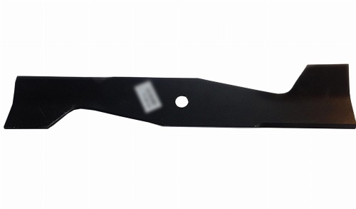 Czarny nóż uniwersalny do kosiarki Husqvarna, o długości 42 cm, widoczny z boku. Metalowa powierzchnia z matowym wykończeniem, z jednym otworem na mocowanie. Kształt prostokątny z wycięciem w jednym końcu, gotowy do montażu.