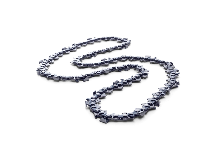 Łańcuch tnący o wymiarach .325/1,5mm/64DL, z widoczną metaliczną powierzchnią i pchaczami. Ułożony na czarnym tle w zygzakowatym kształcie, z detalami mocowań i ostrymi zębami, gotowy do użycia w narzędziach ogrodowych.