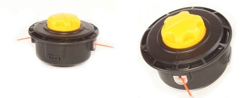 Głowica żyłkowa M10 x 1,25 w czarnej obudowie z żółtym pokrętłem, pokazana z boku i pod kątem. Z dwóch otworów wychodzą czerwone żyłki. Produkt na białym tle ukazujący konstrukcję i mechanizm trzymania żyłki.