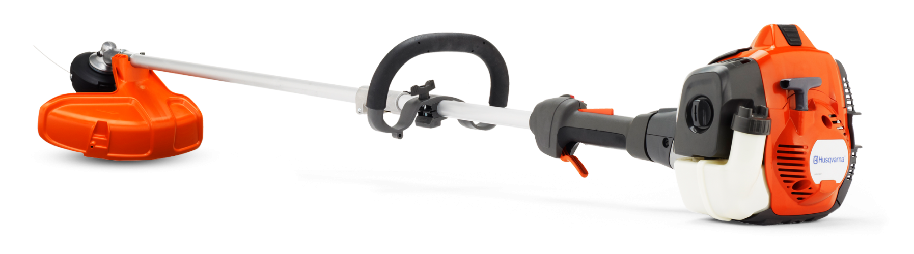 Pomarańczowo-czarna podkaszarka Husqvarna 525LK z głowicą żyłkową po lewej i silnikiem z logo po prawej, prezentowana z boku na płaskiej powierzchni z ergonomicznym uchwytem.