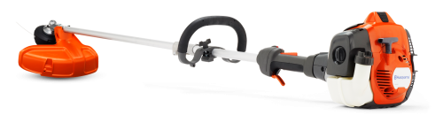 Pomarańczowo-czarna podkaszarka Husqvarna 525LK z głowicą żyłkową po lewej i silnikiem z logo po prawej, prezentowana z boku na płaskiej powierzchni z ergonomicznym uchwytem.