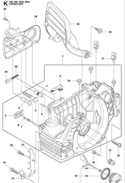 Osłona karteru do pilarek Husqvarna 445, 450, 450E, czarna, plastikowa, prostokątna, z otworami montażowymi i oznaczeniami, chroniąca silnik, widok z przodu.