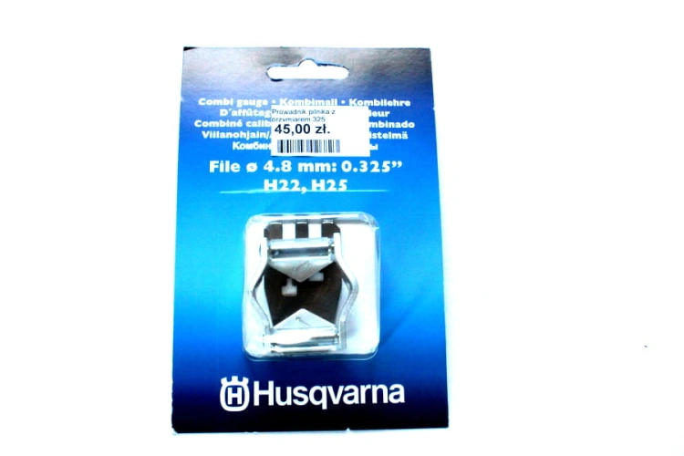 Metalowy srebrny prowadnik pilnika z przymiarem Husqvarna do pilników 4,8 mm, .325”, leżący na niebieskim tle z czytelnymi napisami, ułatwia precyzyjne szlifowanie.