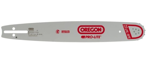 Prowadnica Oregon PRO-LITE 16, stal nierdzewna w kolorze szarym. Frontalne ujęcie pokazuje napisy OREGON i PRO-LITE w czerwieni. Widoczny otwór montażowy na końcu oraz wyprofilowana końcówka. Produkt leży na prostym, jasnym tle.